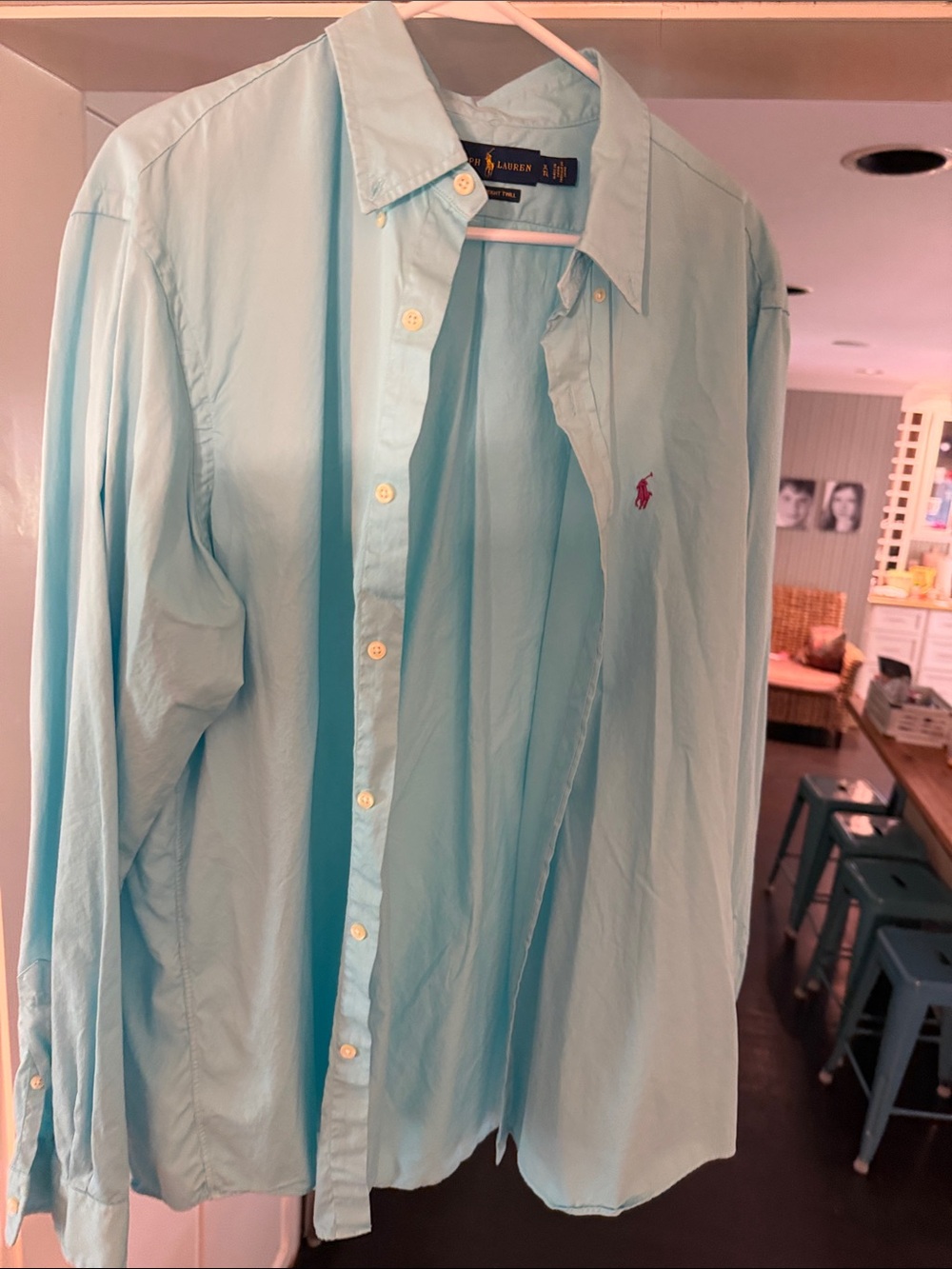 Polo by Ralph Lauren Men's Pale Blue Button-Down Shirt with Pink Pony